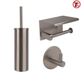 L'ensemble de toilettes Juano Gunmetal de yessential.fr se compose d'une brosse de toilette en acier inoxydable avec support, d'un porte-papier toilette avec étagère et crochet mural - présenté sur un fond blanc avec un symbole sans perçage dans le coin supérieur droit.