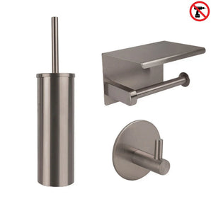 L'ensemble de toilettes Juano Gunmetal de yessential.fr se compose d'une brosse de toilette en acier inoxydable avec support, d'un porte-papier toilette avec étagère et crochet mural - présenté sur un fond blanc avec un symbole sans perçage dans le coin supérieur droit.