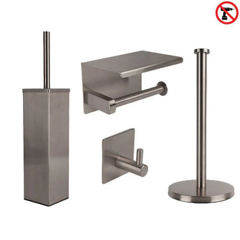 L'ensemble WC Gio Gunmetal (sans perçage) de yessential.fr se compose d'un ensemble brosse WC carré, d'un porte-papier peint avec étagère, d'un crochet rond et d'un porte-papier sur pied. Le symbole sans perçage se trouve dans le coin supérieur droit.