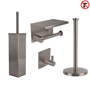 L'ensemble WC Gio Gunmetal (sans perçage) de yessential.fr se compose d'un ensemble brosse WC carré, d'un porte-papier peint avec étagère, d'un crochet rond et d'un porte-papier sur pied. Le symbole sans perçage se trouve dans le coin supérieur droit.