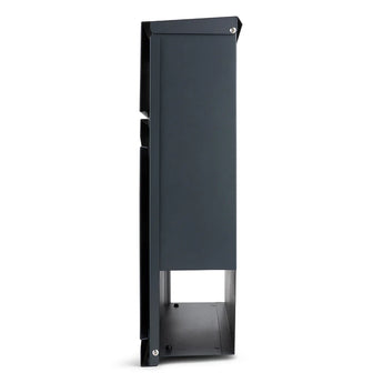 Vue latérale de la Sergio Anthracite de yessential.fr, une boîte aux lettres murale en métal gris foncé élégante et minimaliste avec un couvercle supérieur et un espace ouvert en bas.