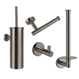 L'ensemble WC Romano Gunmetal de yessential.fr se compose de quatre accessoires de salle de bain de luxe : un porte-brosse de toilette, un porte-papier toilette, un crochet mural et un porte-rouleau de rechange - un ensemble d'accessoires de salle de bain moderne idéal.