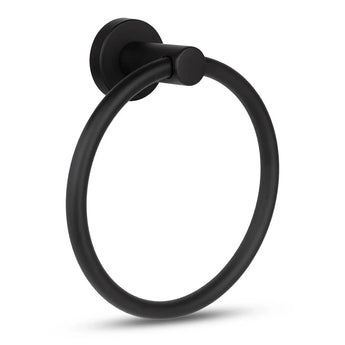 L'Elarbo Black de yessential.fr est un anneau porte-serviettes noir mat avec un encombrant avec un design circulaire et une base ronde, idéal pour un montage mural - idéal pour ranger les serviettes dans la salle de bain.