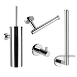 L'ensemble de toilettes yessential.fr Romano Chrome se compose de quatre accessoires de salle de bains en acier inoxydable : un porte-brosse de toilette, un porte-papier toilette incliné, un crochet mural et un porte-papier toilette vertical avec étagère, le tout représenté sur un fond blanc.