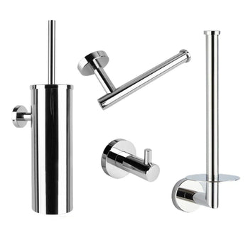 L'ensemble de toilettes yessential.fr Romano Chrome se compose de quatre accessoires de salle de bains en acier inoxydable : un porte-brosse de toilette, un porte-papier toilette incliné, un crochet mural et un porte-papier toilette vertical avec étagère, le tout représenté sur un fond blanc.