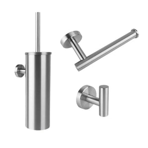 L'ensemble de toilettes Ferro en acier inoxydable de yessential.fr se compose d'un porte-brosse de toilette mural, d'un porte-rouleau de papier toilette incliné et d'un crochet simple - un ensemble d'accessoires de salle de bain indispensable pour toute salle de bain moderne.