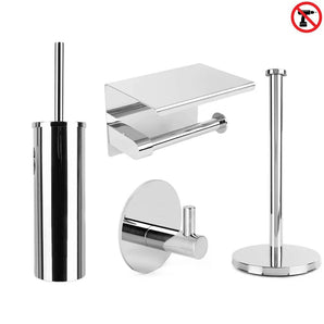 L'ensemble de toilettes yessential.fr Delo Chrome (sans perceuse) contient une brosse WC avec support, un porte-rouleau de papier toilette avec étagère, un crochet mural et un support vertical. Un symbole rouge « pas de perçage » en haut à droite facilite l'installation sans perçage.