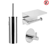 L'ensemble de toilettes Juano Chrome de yessential.fr contient un porte-brosse de toilette, un porte-rouleau de papier toilette avec étagère et crochet mural. Installation facile sans perçage grâce au système sans perçage.