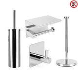 L'ensemble de toilettes Ludo Chrome (sans perçage) de yessential.fr contient quatre accessoires chromés : un porte-brosse de toilette, un porte-rouleau de papier toilette avec étagère, un crochet mural et un support sur pied. Le symbole « sans perçage » se trouve en haut à droite.