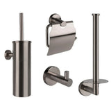 L'ensemble WC Quirino Gunmetal de yessential.fr comprend quatre accessoires en acier inoxydable - un ensemble de brosse WC, un porte-rouleau de papier toilette, un crochet mural et un porte-rouleau de rechange - avec une finition gunmetal élégante pour une salle de bain moderne et élégante.