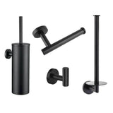 L'ensemble de toilettes Corrado Black de yessential.fr se compose d'une brosse WC avec support, d'un porte-papier toilette, d'un porte-rouleau de rechange et d'un crochet mural - le tout en noir mat avec un design minimaliste moderne.