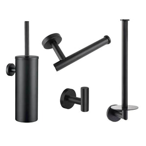 L'ensemble de toilettes Corrado Black de yessential.fr se compose d'une brosse WC avec support, d'un porte-papier toilette, d'un porte-rouleau de rechange et d'un crochet mural - le tout en noir mat avec un design minimaliste moderne.