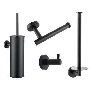 L'ensemble WC Romano Black de yessential.fr est un élégant ensemble d'accessoires de salle de bain noir mat comprenant un porte-brosse de toilette, un porte-rouleau de papier toilette, un crochet à serviette et un porte-rouleau de rechange, montés sur des plaques murales rondes.