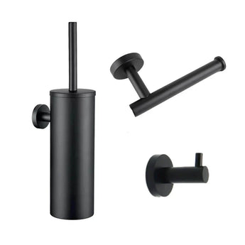 L'ensemble de toilettes Lorenzo Black de yessential.fr se compose d'un porte-brosse de toilette mural, d'un porte-papier toilette et d'un crochet simple en noir mat. Avec un design moderne et minimaliste, c'est l'ensemble d'accessoires de toilette noir élégant et parfait.