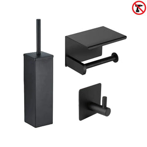 L'ensemble WC Lazzo Noir (sans perçage) de yessential.fr se compose d'une brosse WC noir mat avec support, d'un porte-papier toilette avec étagère et d'un crochet mural. L'icône sans perçage confirme l'installation facile sans perçage.