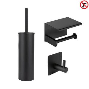 L'ensemble de toilette noir mat se compose d'accessoires de toilette noir mat : une brosse avec support, un porte-rouleau de papier toilette avec étagère et un crochet mural.