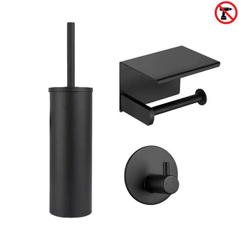 L'ensemble de toilettes Juano Black (sans perçage) de yessential.fr contient une brosse de toilette noir mat avec support, un porte-rouleau de papier toilette avec étagère et un crochet mural rond. Installation facile sans perçage grâce à la conception sans perçage.