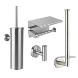 L'ensemble de toilettes Pacho en acier inoxydable de yessential.fr se compose d'un porte-brosse de toilette, d'un porte-rouleau de papier toilette avec rabat, d'un crochet et d'un porte-rouleau de rechange - des accessoires de salle de bain intelligents élégamment présentés sur un fond blanc.