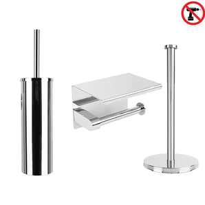 L'ensemble de toilettes Tygo Chrome (sans perçage) de yessential.fr se compose d'un porte-brosse de toilette, d'un porte-papier mural avec étagère et d'un porte-papier sur pied. Une icône rouge « sans perçage » indique qu'il est facile à installer – parfait pour votre kit d'accessoires de toilettes.