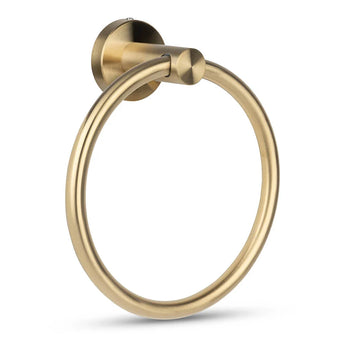 Les élégantes porte-serviettes Elarbo Gold de yessential.fr présentent un design circulaire avec la couleur du support mural rond, qui est également un accessoire pour l'élégante salle de bain, représentée sur le fond blanc.