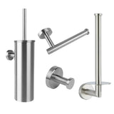 L'ensemble de toilettes Cosimo en acier inoxydable de yessential.fr contient quatre articles en acier inoxydable : un porte-brosse de toilette, un porte-papier toilette mural, un crochet pour peignoir et un support de rangement vertical, le tout représenté sur un fond blanc.