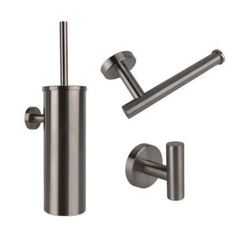 L'ensemble WC yessential.fr Ferro Gunmetal est composé d'un WC en acier inoxydable, d'un papier peint horizontal et d'une fresque murale ronde au crochet - le tout d'un design moderne, idéal pour une salle de bain contemporaine et reproduction sur fond blanc.