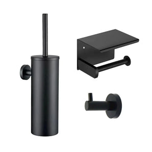 L'ensemble Armando Black de yessential.fr est un ensemble de toilettes noir mat comprenant trois accessoires élégants : un porte-brosse de toilette mural, un porte-rouleau de papier toilette avec étagère et un crochet mural simple.