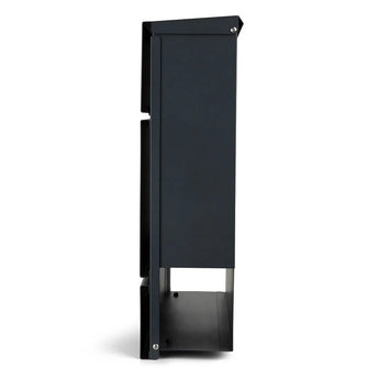 Vue latérale de la boîte aux lettres Nevio Anthracite yessential.fr avec un design rectangulaire épuré, des lignes épurées, une poche avant supérieure et une poche inférieure pour un look minimaliste moderne.