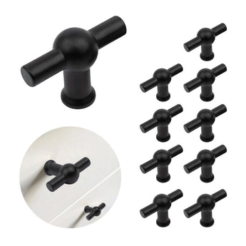 L'image montre un ensemble de 10 boutons Rando noirs de yessential.fr, avec un bouton agrandi pour plus de détails et une autre photo montrant le bouton noir installé sur un tiroir d'armoire blanc.
