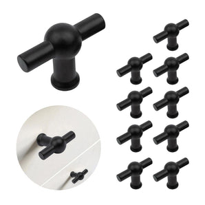L'image montre un ensemble de 10 boutons Rando noirs de yessential.fr, avec un bouton agrandi pour plus de détails et une autre photo montrant le bouton noir installé sur un tiroir d'armoire blanc.