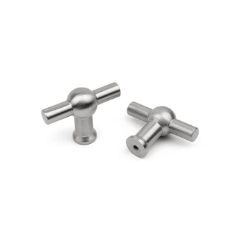 Deux boutons Rando en acier inoxydable de yessential.fr, avec des cylindriques et une base ronde, sont présentés sur le fond blanc : est debout que l'autre repose sur le côté.