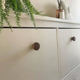 Gros plan d'une commode de couleur claire avec un bouton Arriero Walnut de yessential.fr, une fougère verte drapée sur le bord et un diffuseur à roseaux dans une bouteille marron sur un fond confortable et doucement éclairé.