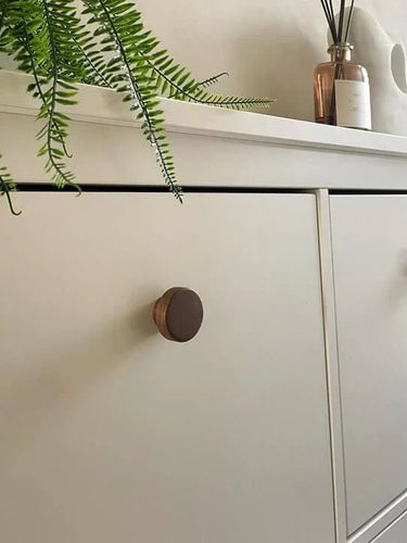 Gros plan d'une commode de couleur claire avec un bouton Arriero Walnut de yessential.fr, une fougère verte drapée sur le bord et un diffuseur à roseaux dans une bouteille marron sur un fond confortable et doucement éclairé.