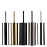 Le porte-brosse de toilette yessential.fr Branco Black est un support cylindrique noir mat avec une poignée assortie, illustré aux côtés de variantes argent, or et gris bronze sur fond blanc.