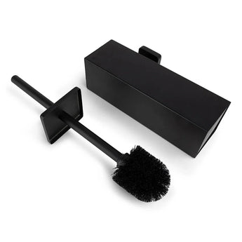 L'ensemble de toilettes Moreno Black de yessential.fr comprend une brosse de toilette moderne noir mat avec une poignée carrée et un support rectangulaire assorti - un design minimaliste, parfait comme accessoire de salle de bain élégant ou pour tout ensemble d'accessoires de toilettes. Représenté sur un fond blanc.