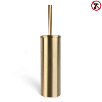 L'ensemble de toilettes Juano Gold (sans perçage) de yessential.fr comprend une brosse de toilette cylindrique dorée avec une poignée assortie. Une icône rouge « ne pas percer » en haut à droite souligne la facilité d'installation, sur un fond blanc uni.
