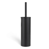 La brosse de toilette Bruno Black de yessential.fr présente un design noir élégant et autonome avec un support cylindrique assorti, alliant style et fonctionnalité sur un fond blanc.
