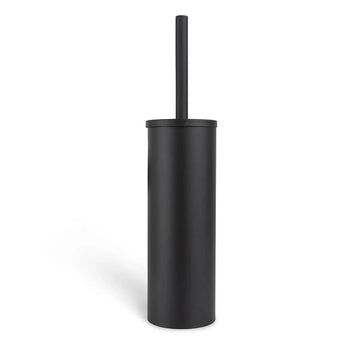 La brosse de toilette Bruno Black de yessential.fr présente un design noir élégant et autonome avec un support cylindrique assorti, alliant style et fonctionnalité sur un fond blanc.