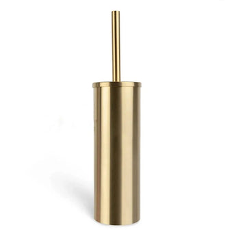 La brosse de toilette Bruno Gold de yessential.fr est une brosse dorée mince et cylindrique avec tête remplaçable, poignée et support assortis dans un design moderne et minimaliste.