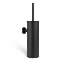 Le Branco Black de yessential.fr est un porte-brosse de toilette mural noir avec un support cylindrique et une brosse de toilette à long manche, représenté sur un fond blanc.