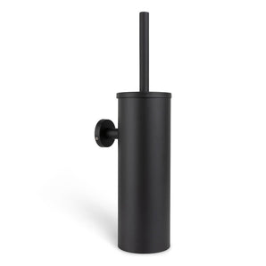 Le Branco Black de yessential.fr est un porte-brosse de toilette mural noir avec un support cylindrique et une brosse de toilette à long manche, représenté sur un fond blanc.
