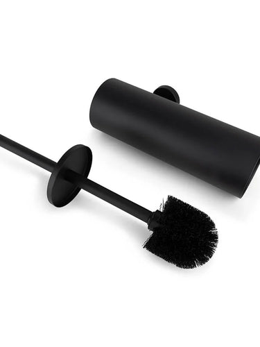 L'ensemble WC Ferro Black de yessential.fr se compose d'une brosse cylindrique noir mat et d'un support assorti, élégamment présentés sur un fond blanc. Un ajout élégant à vos accessoires de salle de bain.