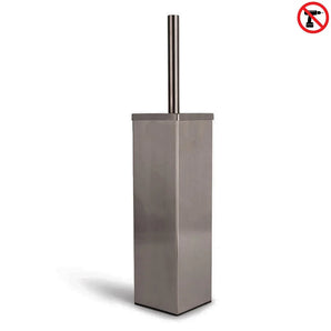 L'ensemble de toilettes Lazzo Gunmetal (sans perçage) de yessential.fr comprend un ensemble de brosse de toilette en acier inoxydable avec une base carrée et un long manche. Un symbole rouge sans perçage en haut à droite indique qu'aucun perçage n'est requis pour l'installation – idéal pour vos accessoires de toilettes.