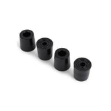 Quatre pieds cylindriques en caoutchouc noir avec trous centraux, placés en diagonale sur fond blanc - parfaits pour augmenter la stabilité de votre boîte aux lettres Nevio Anthracite de yessential.fr ou de toute autre boîte aux lettres moderne.