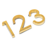 Trois numéros de maison en or brillant - 1, 2 et 3 du jeu Silvio Gold 60 mm de yessential.fr se trouvent les uns à côté des autres sur une surface blanche. Ces chiffres adhésifs ont un design moderne et reflètent magnifiquement la lumière.