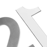 Gros plan de chiffres découpés métalliques et blancs sur fond blanc, avec vues partielles d'Animo Stainless Steel 15cm (sans perçage) de yessential.fr en argent et blanc.