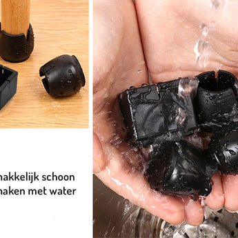 Une main rince les couvre-pieds de chaise noirs Paco Set Ø 25-29 mm de yessential.fr ; un sur un pied de chaise, trois sur du bois. Texte néerlandais : Facile à nettoyer avec une protection du sol imperméable et un feutre anti-rayures.