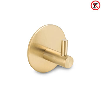 Le Rudro Gold de yessential.fr est un crochet porte-serviettes cylindrique doré à base ronde. Une icône sans perçage indique qu'il s'agit d'un crochet à serviette sans perçage, ce qui rend l'installation facile – aucun perçage requis.