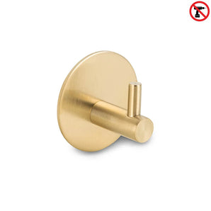 Le Rudro Gold de yessential.fr est un crochet porte-serviettes cylindrique doré à base ronde. Une icône sans perçage indique qu'il s'agit d'un crochet à serviette sans perçage, ce qui rend l'installation facile – aucun perçage requis.