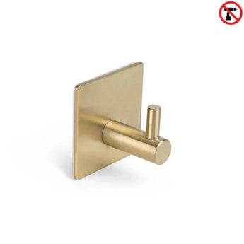 Le Navarro Gold de yessential.fr est un crochet à serviette carré autocollant de couleur dorée avec une tige cylindrique et un symbole rouge sans perçage - idéal comme crochet à serviette de salle de bain pour une installation facile et sans perçage.